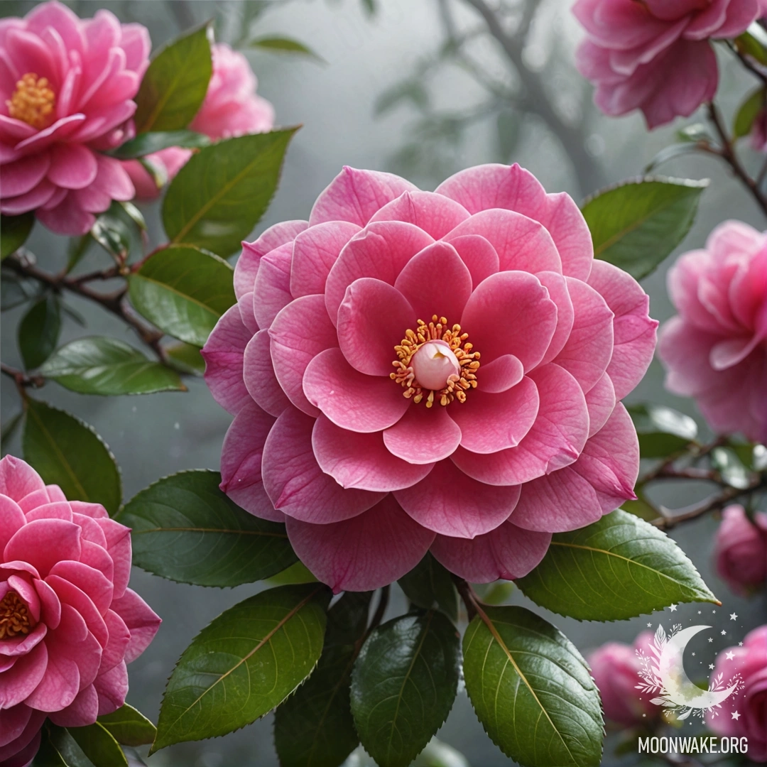 A bouquet of fuchsia camellias nestled in soft fog.
