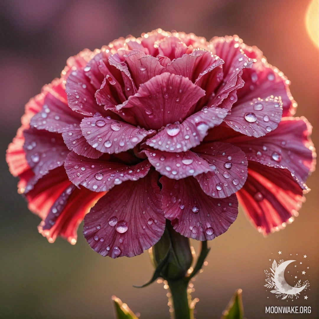 A fuchsia carnation with dew drops shimmering at sunset adorned with sequins.