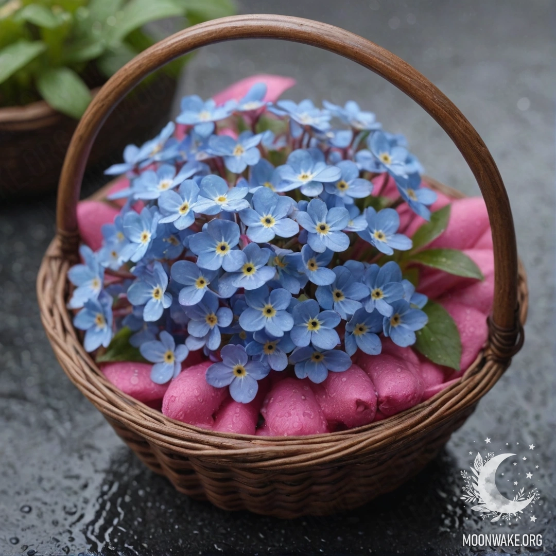 A basket filled with fuchsia forget-me-nots in misty rain.