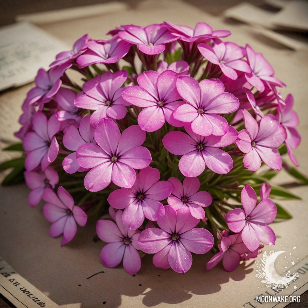 A bouquet of fuchsia phlox flowers embellished with sunlight and sequins.