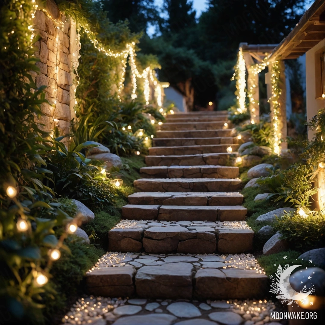 Romantic Garden with Fairy Lights A romantic garden path made of stones, decorated with light garlands and a wooden staircase illuminated by fairy lights.