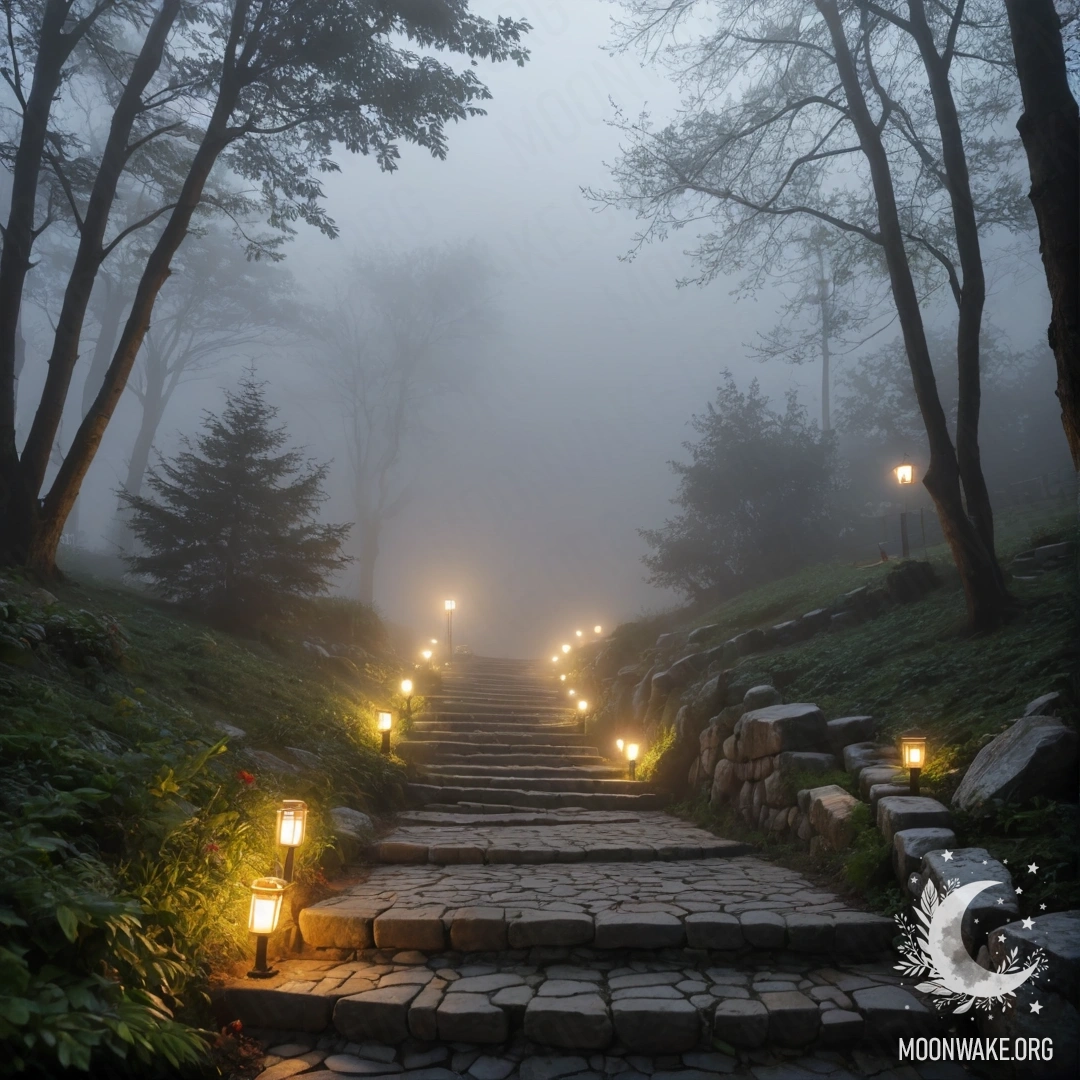 A romantic garden path with stone paving and a wooden staircase in heavy fog, adorned with light garlands.