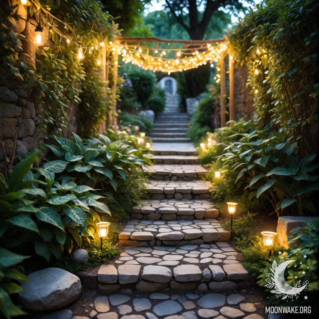 A romantic garden with light garlands, stone path, and wooden staircase illuminated by sun rays.