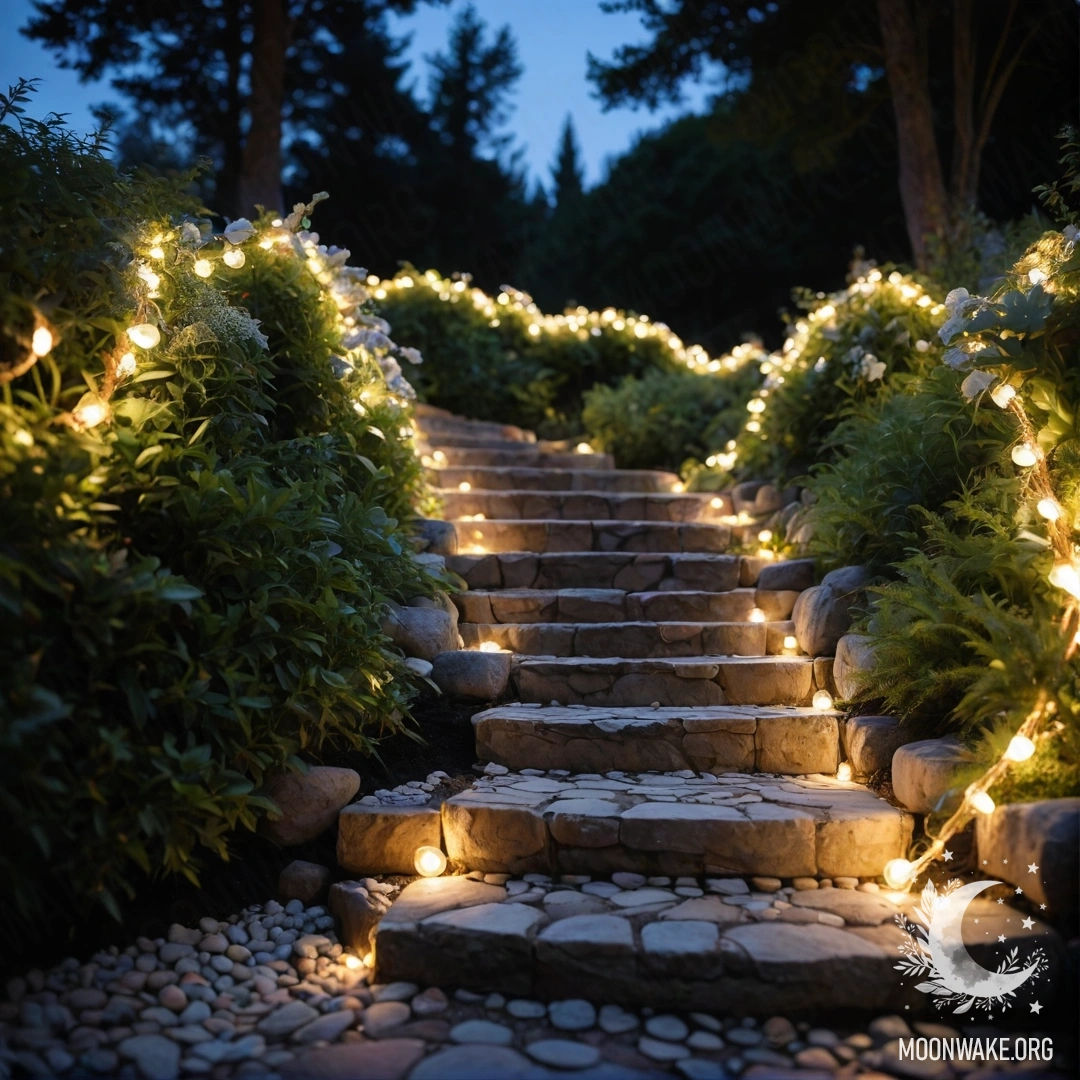 Romantic Garden with Light Garlands A romantic garden with light garlands, stone path, and wooden staircase