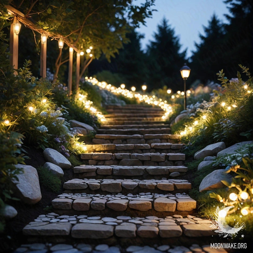 A romantic garden adorned with light garlands, featuring a stone path and a wooden staircase.