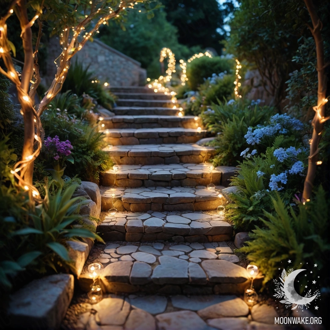 A romantic garden illuminated by light garlands, featuring a stone path and a wooden staircase.
