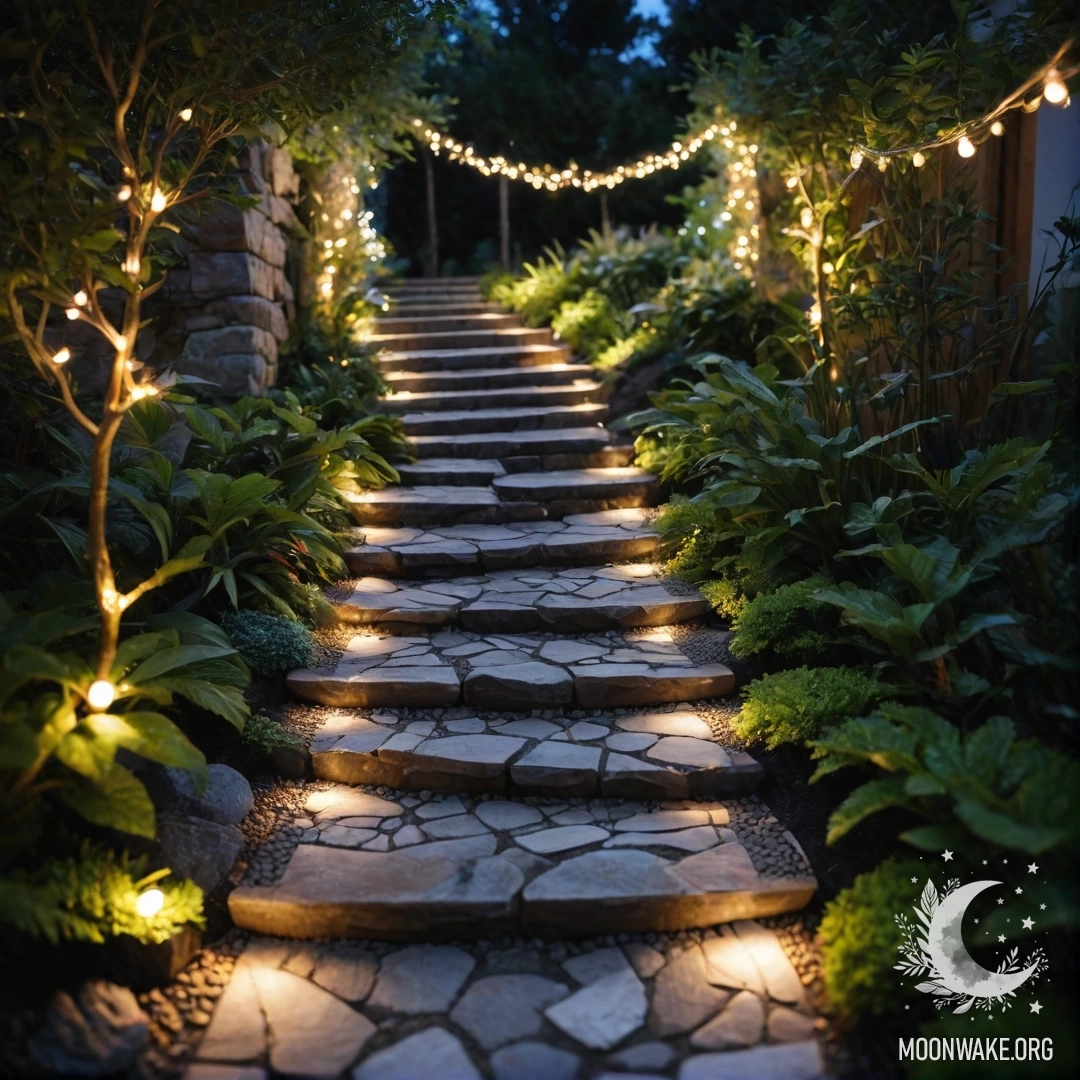 A serene garden path illuminated by light garlands, with stones and a wooden staircase at night.