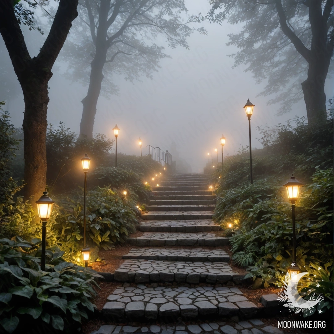 A stone garden path leads up a wooden staircase, adorned with light garlands, enveloped in dense fog.