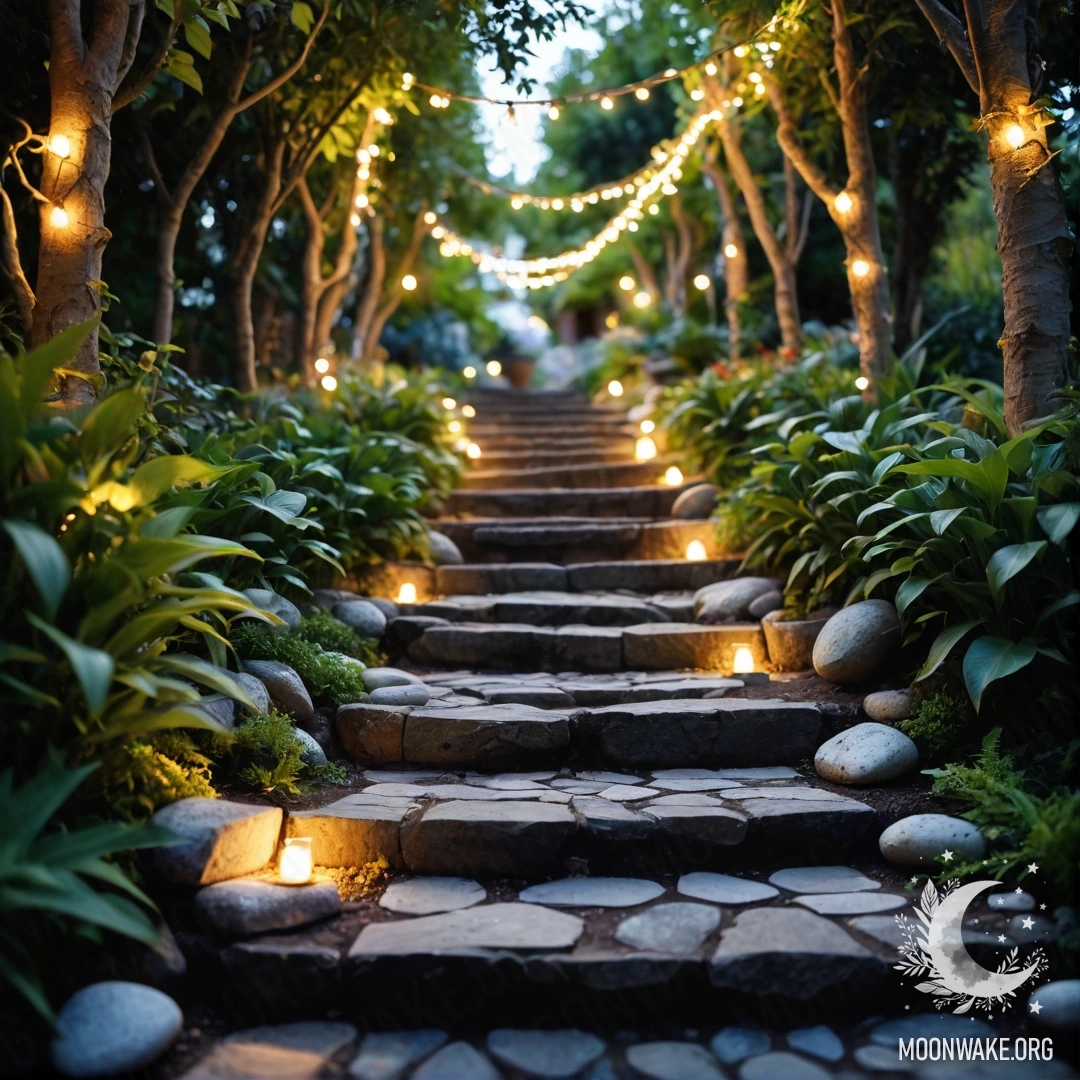 A stone garden path decorated with light garlands and a wooden staircase under sun rays.