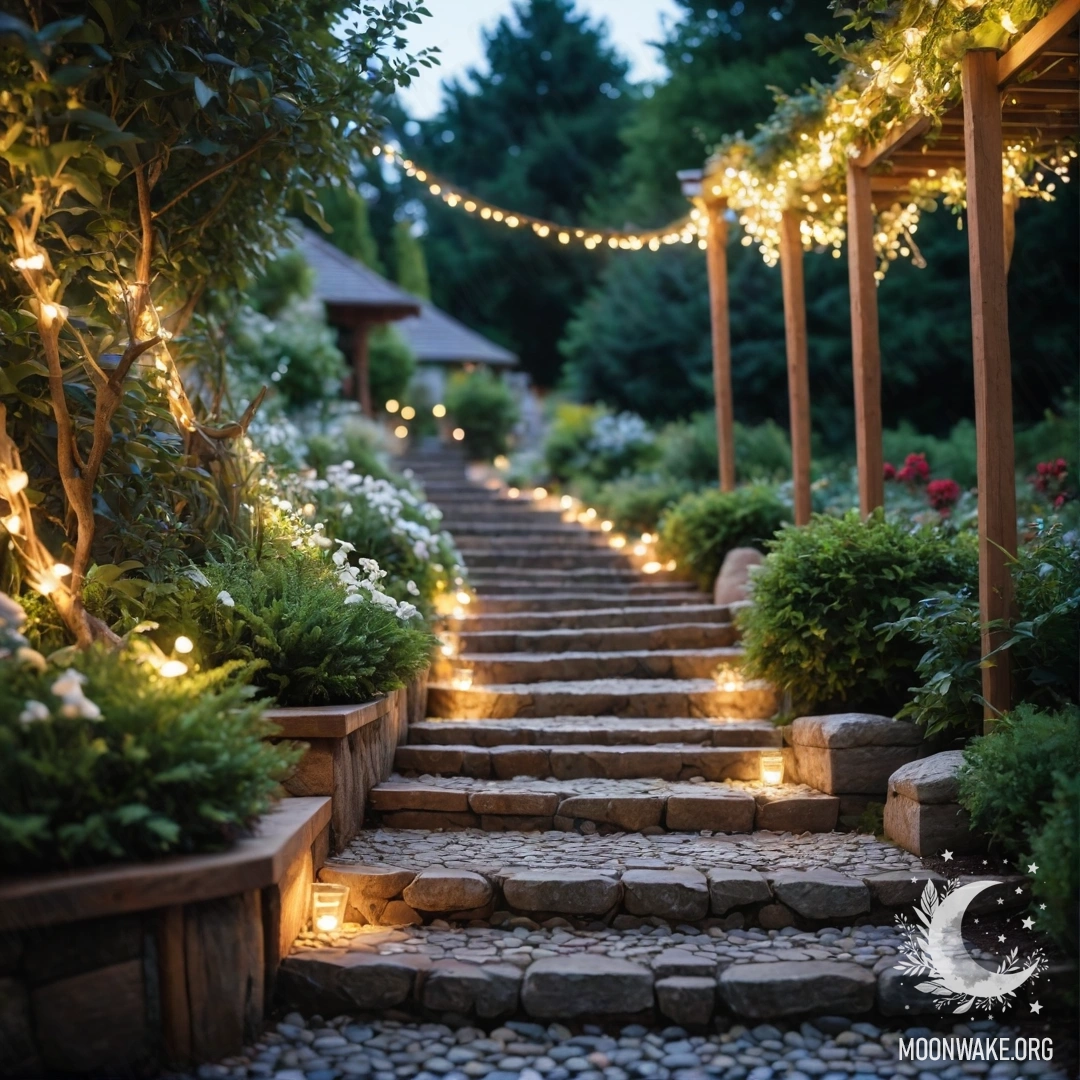 Romantic Garden Path with Lights A romantic garden path adorned with light garlands and stones, featuring a wooden staircase.