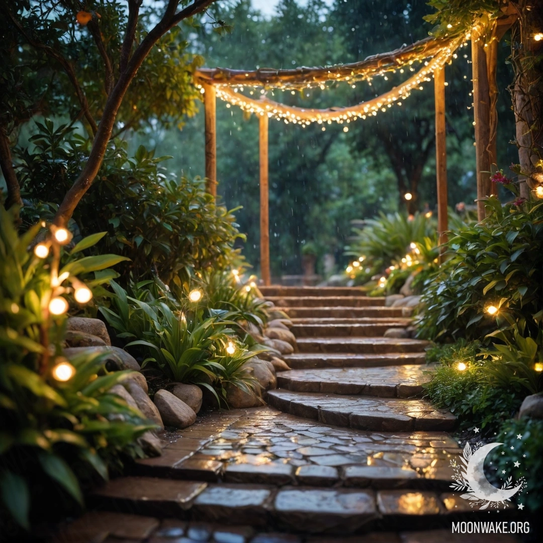 A romantic garden decorated with light garlands and a stone path, featuring a wooden staircase, all under the rain.