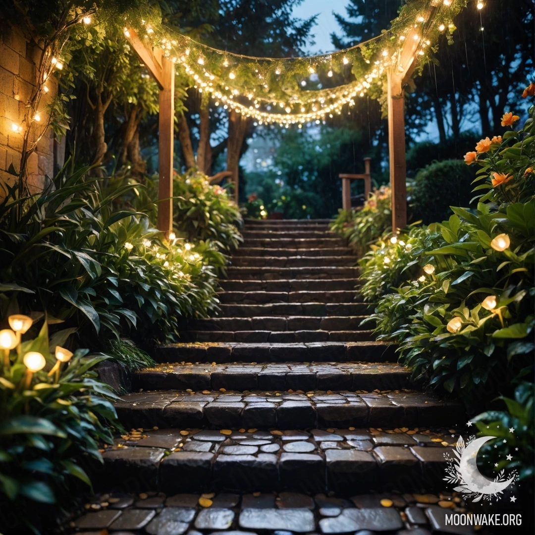 A romantic garden path made of stones and a wooden staircase decorated with light garlands under the rain.