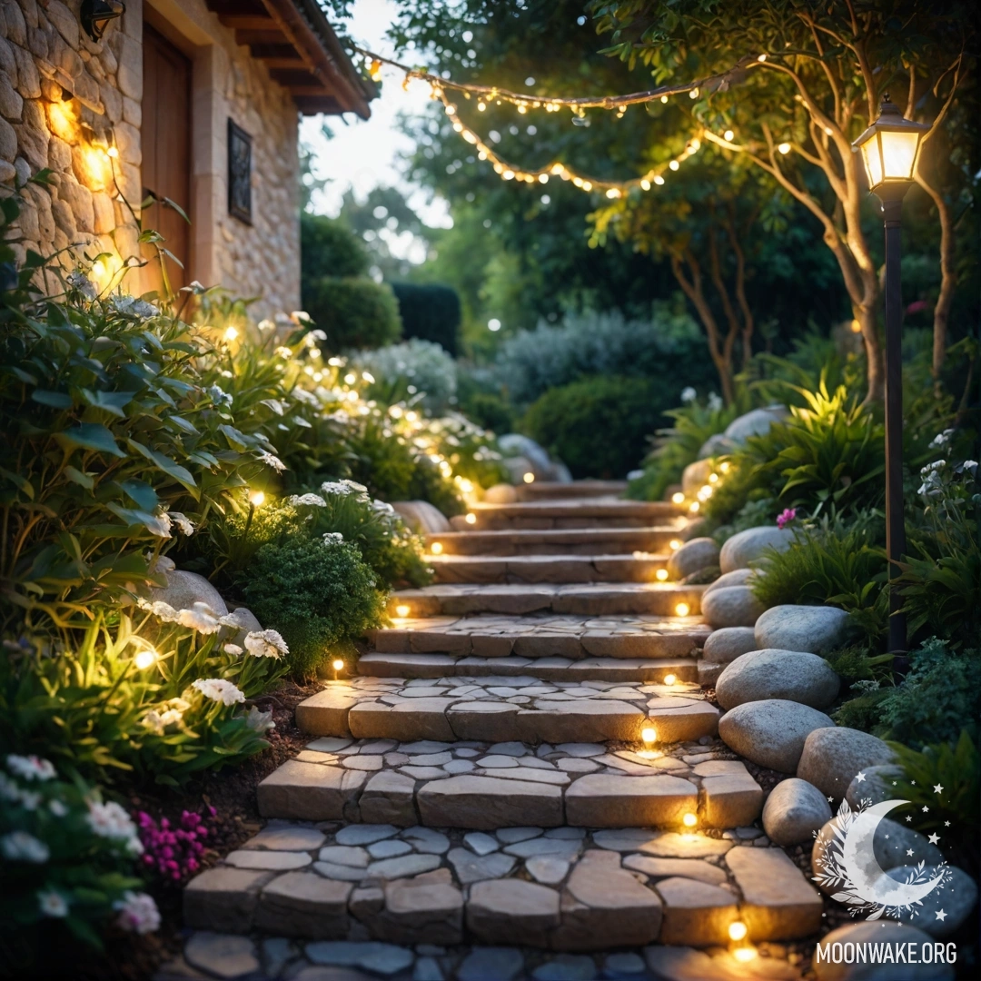 A peaceful garden adorned with light garlands and a stone path.