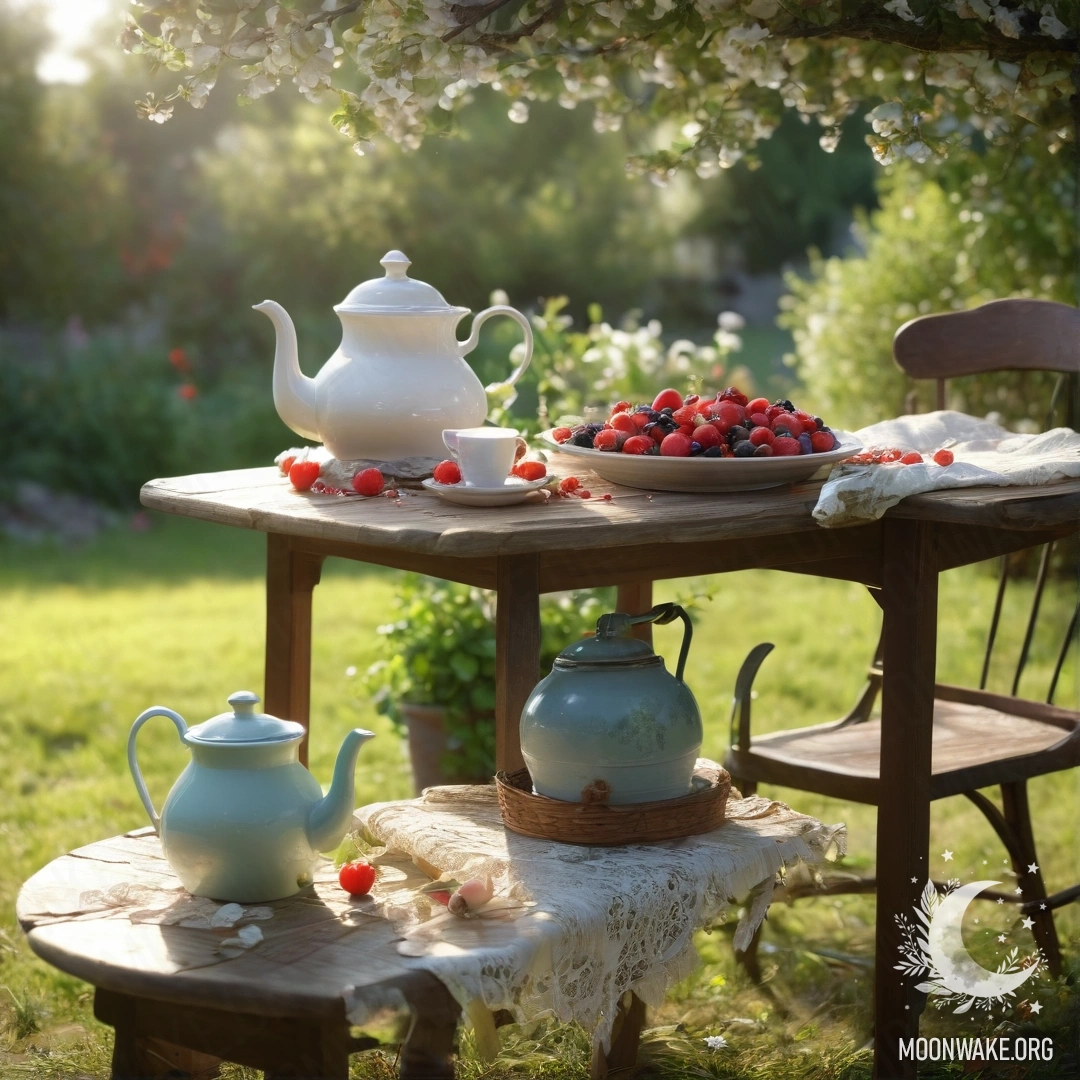 A vintage table set with cups, a teapot, berries, and flowers under an apple tree in bloom.