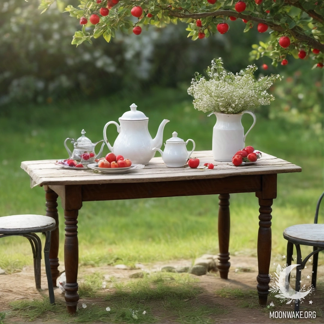 Romantic Garden Tea Setup A shabby vintage table in a garden under a blossoming apple tree, adorned with cups, a teapot, berries, a bottle of milk, and flowers with garland light.
