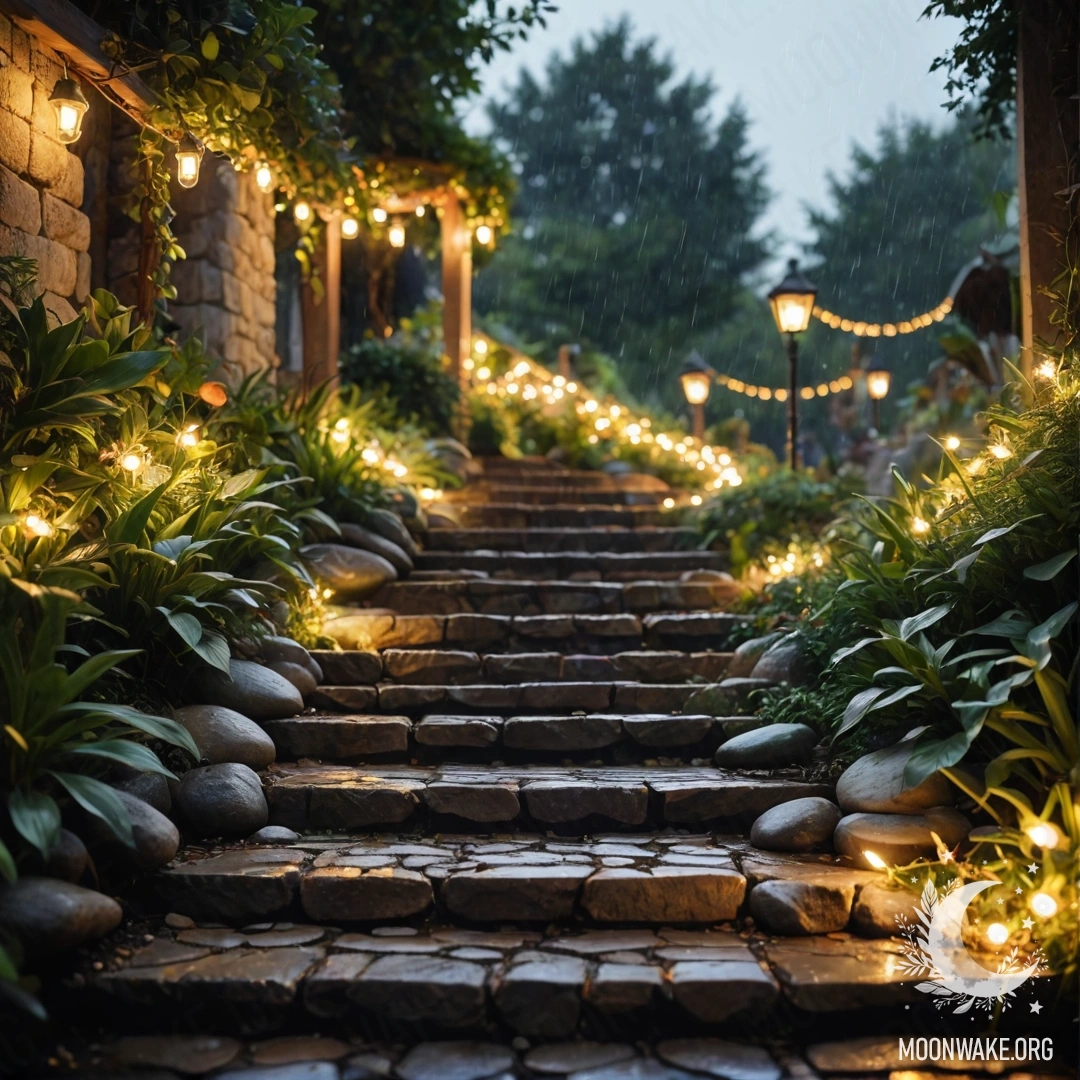 Romantic Garden Under Rain A romantic garden path made of stones with a wooden staircase under rain, decorated with light garlands.