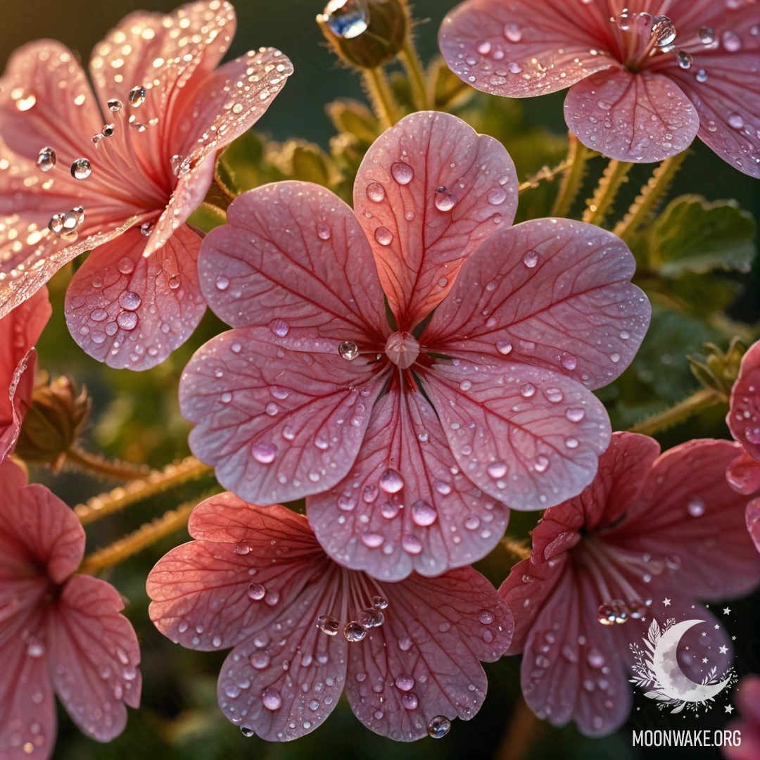 A close-up of a romantic geranium covered in dew drops, glistening in the sunset light, adorned with golden rhinestones.