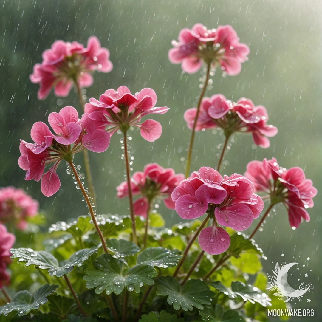 Romantic Geranium in Misty Rain A romantic geranium enveloped in mist under the rain, bathed in sunlight.