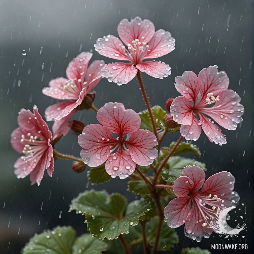Romantic Geranium in Misty Rain A romantic geranium surrounded by mist and raindrops, embellished with rhinestones in shades of sea wave color.