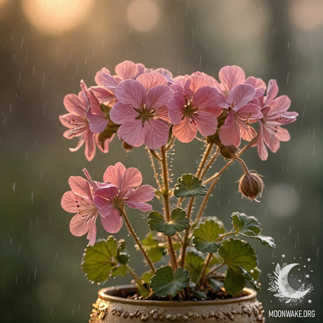A golden vase with a romantic geranium in misty rain at sunset.