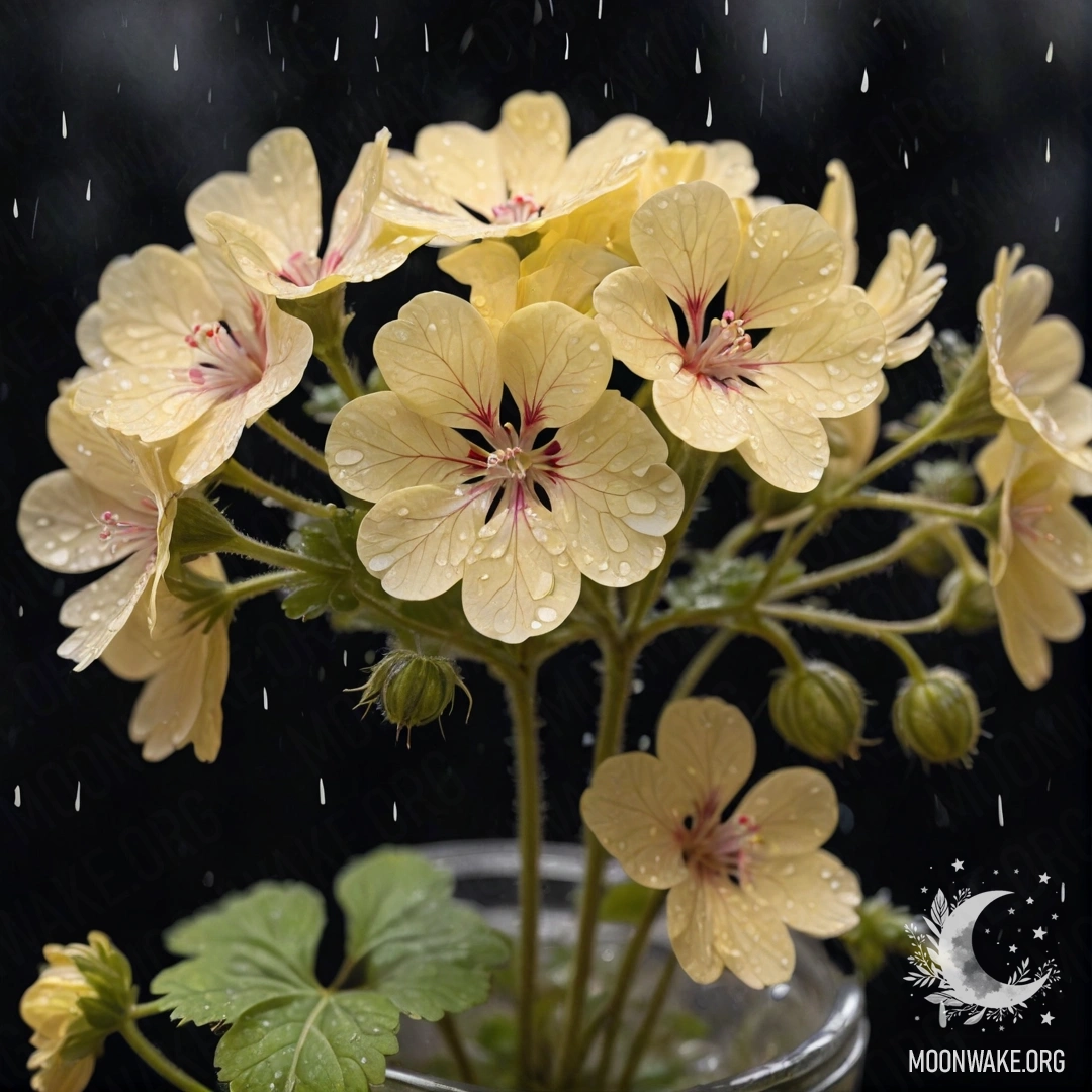 Romantic Geranium in the Rain A cream yellow geranium in a vase on a rainy night.