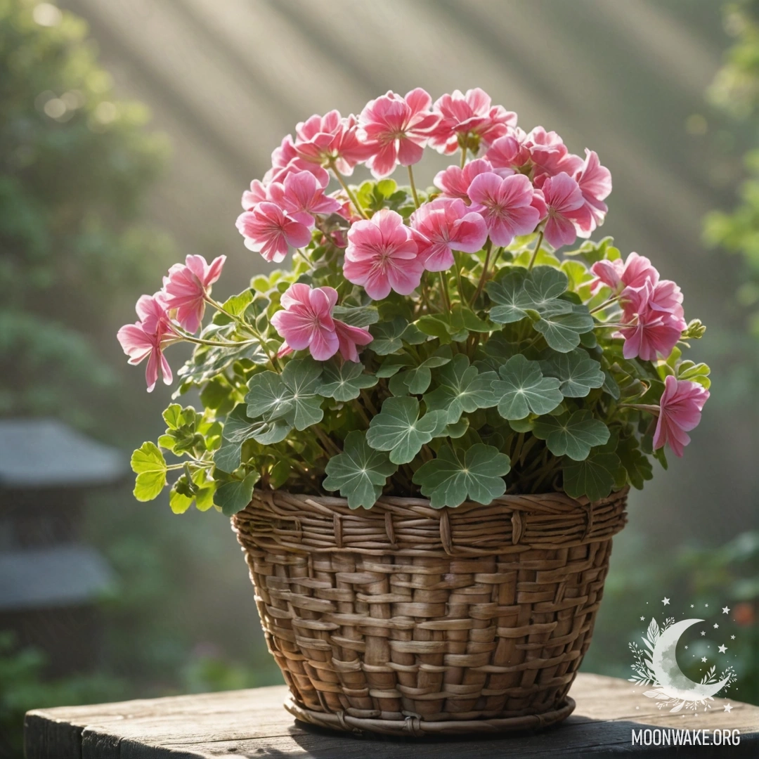 A basket filled with romantic geraniums shrouded in mist, illuminated by sunny rays.