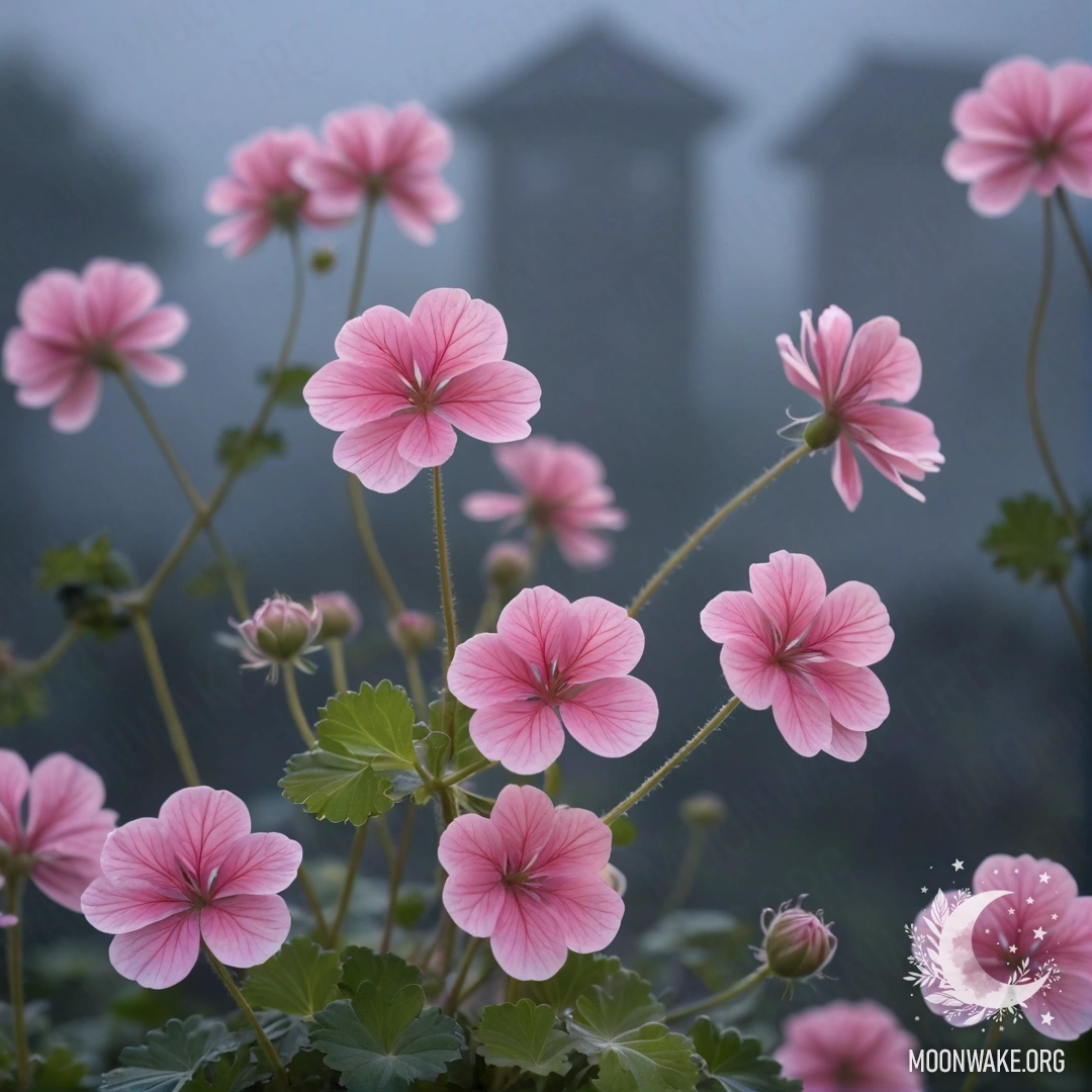 A soft pastel illustration of geraniums shrouded in fog at night.