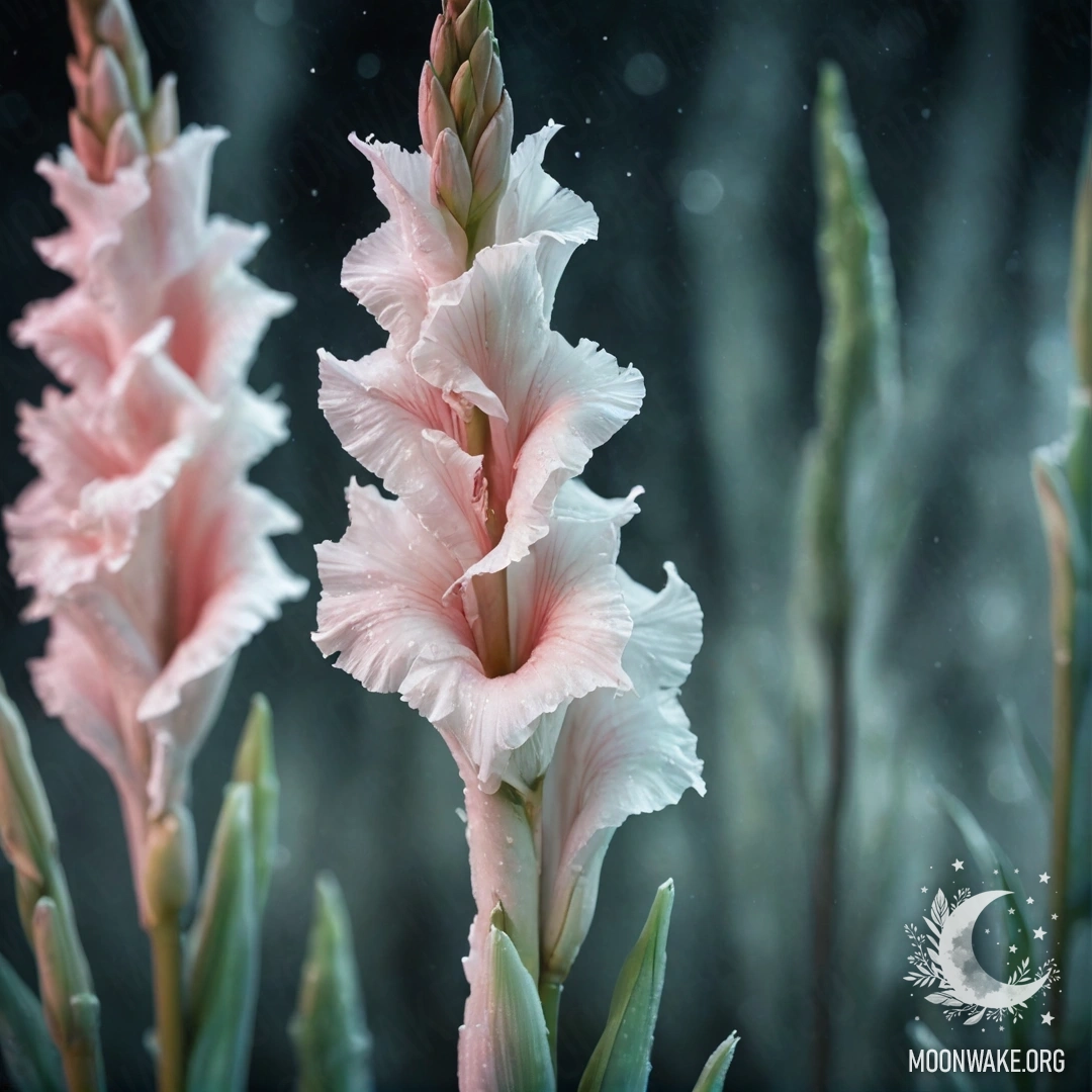 A romantic gladiolus flower covered in frost against a night sky.