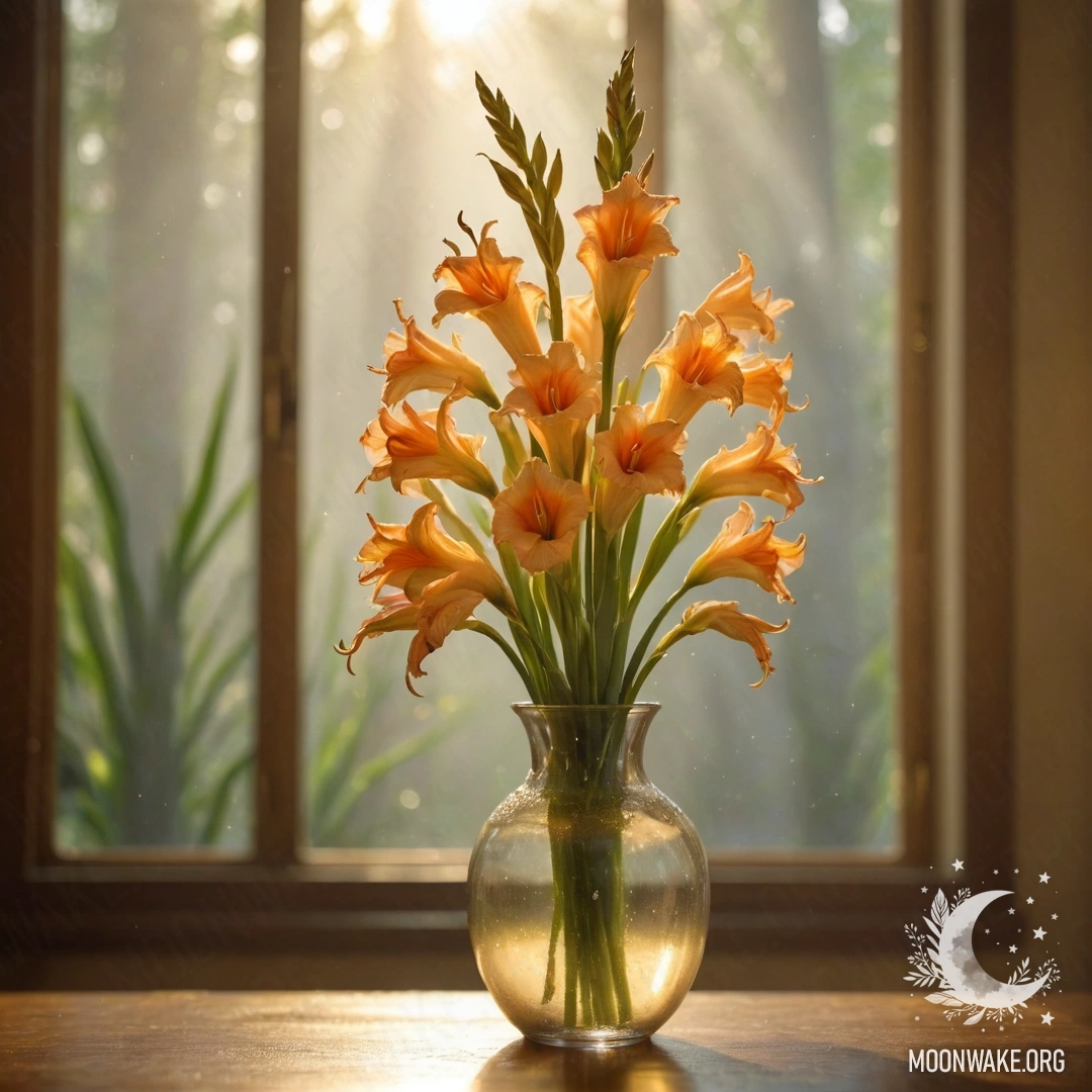 A golden vase holding a romantic gladiolus surrounded by mist and sunny rays.