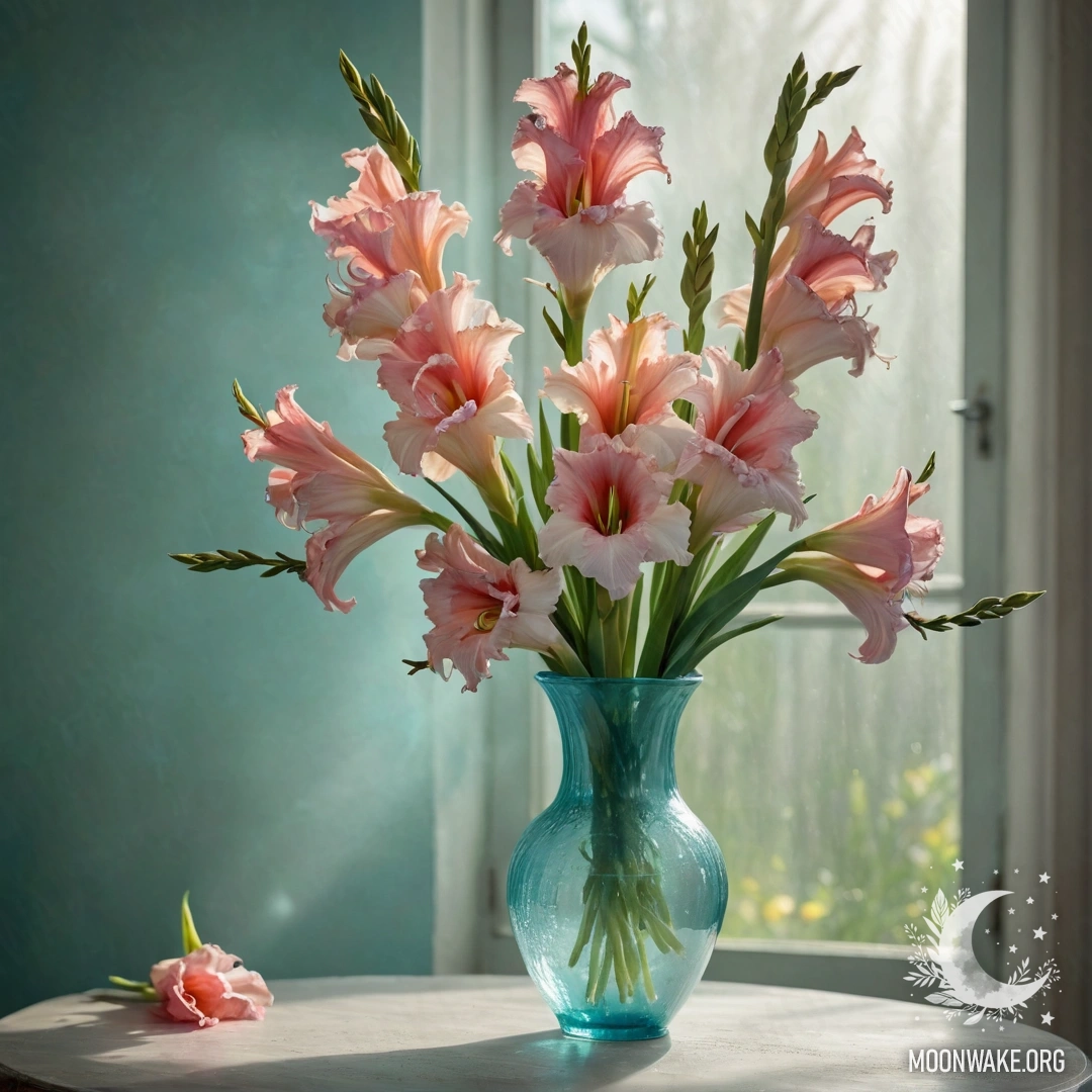 A vase containing aquamarine gladiolus flowers surrounded by mist and sunny rays.