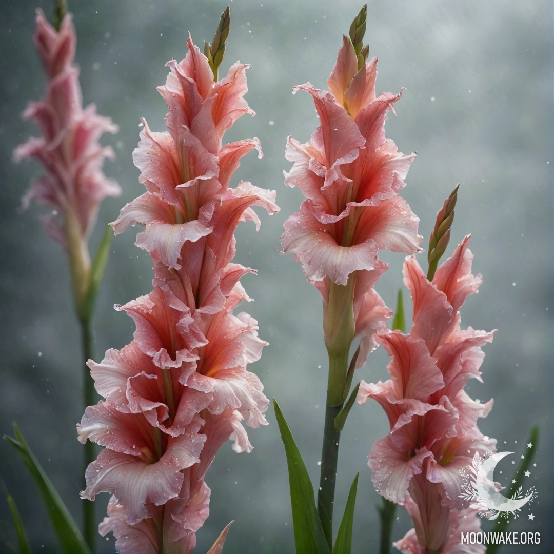 A romantic gladiolus flower shrouded in mist with sparkling elements.
