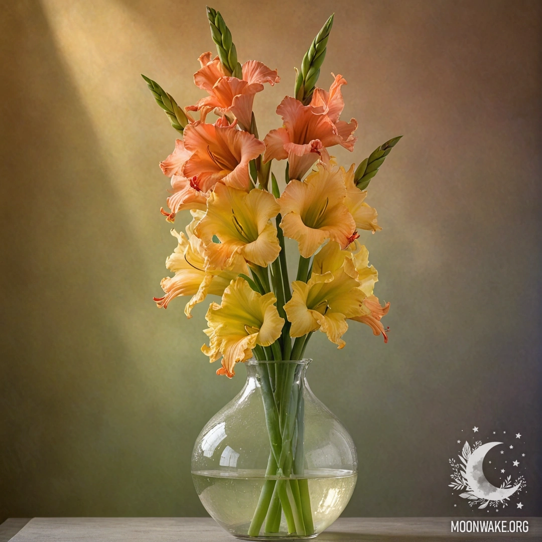 Romantic Gladiolus in Mist A lime-colored gladiolus in a vase surrounded by mist at sunset.