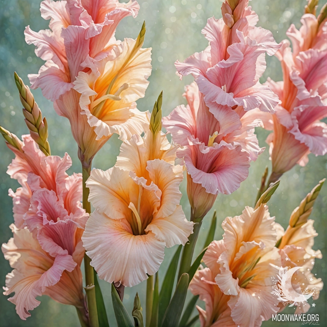 A pastel painting of gladiolus flowers with sunny rays and sea wave colors.