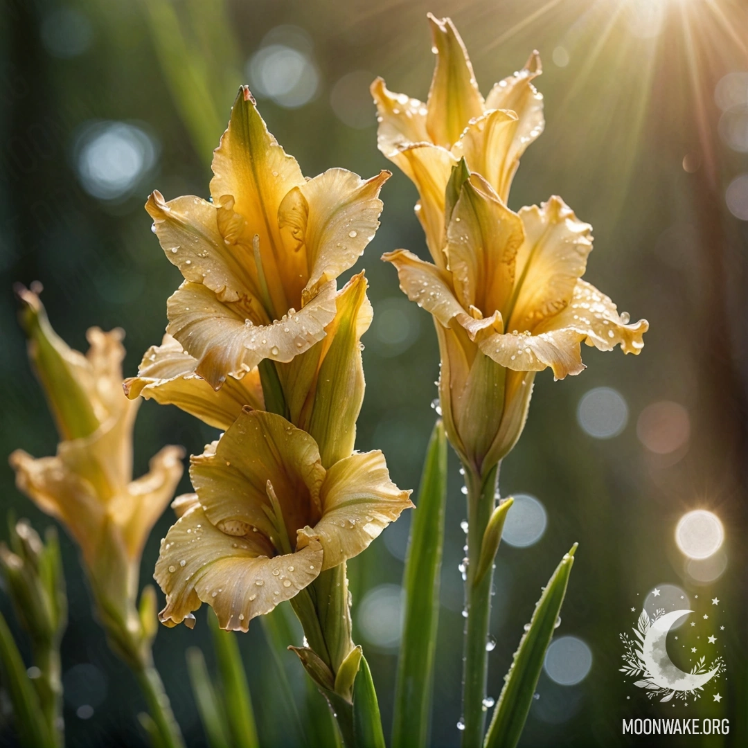 Romantic Gladiolus with Dew and Sunshine A romantic olive-colored gladiolus adorned with dew drops and rhinestones, illuminated by gentle sunlight.