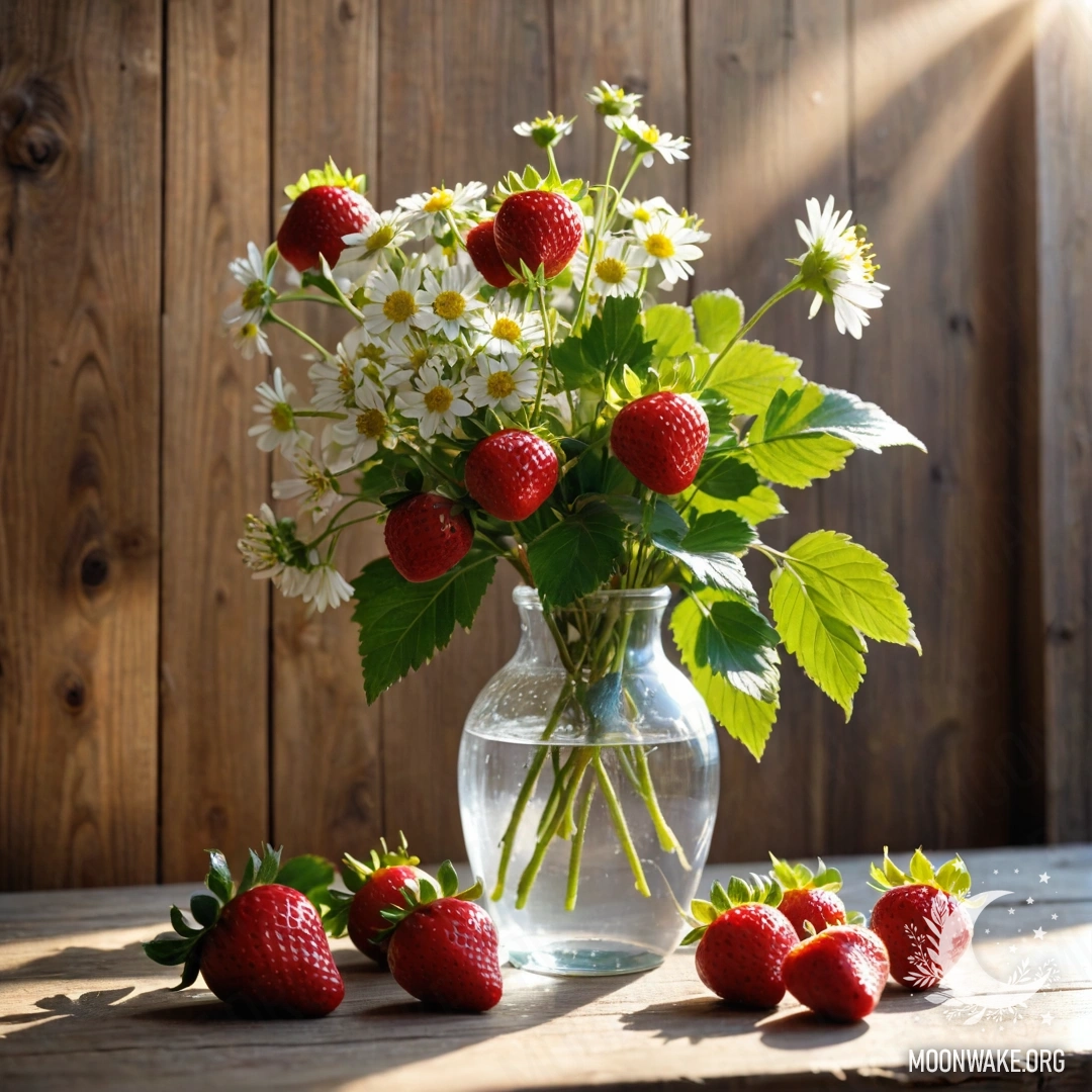 Romantic Glass Vase with Strawberries A glass vase filled with branches of strawberries and flowers against a wooden wall, illuminated by sun rays.