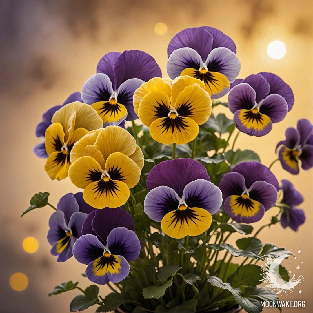 A bouquet of golden pansies surrounded by mist during sunset, adorned with Japanese calligraphy.