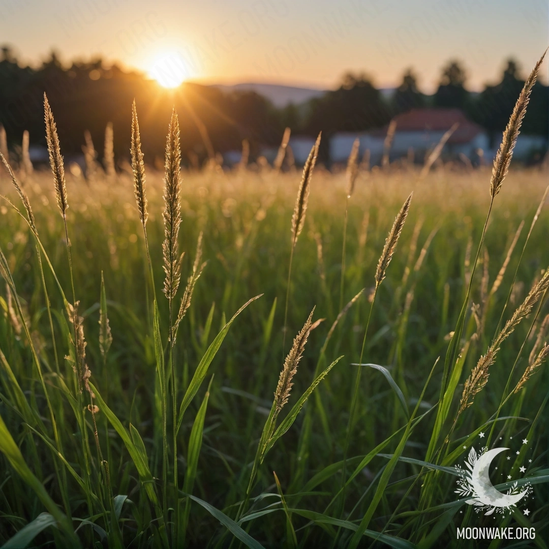 Close-up of grass in a field with a bokeh sunset background.