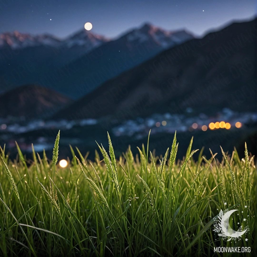 Close-up of grass with mountains in the blurred background at night.
