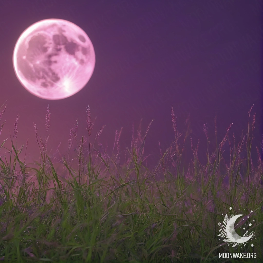 Close-up view of grass in a romantic field against a pink violet sky, with the moon shining at night.