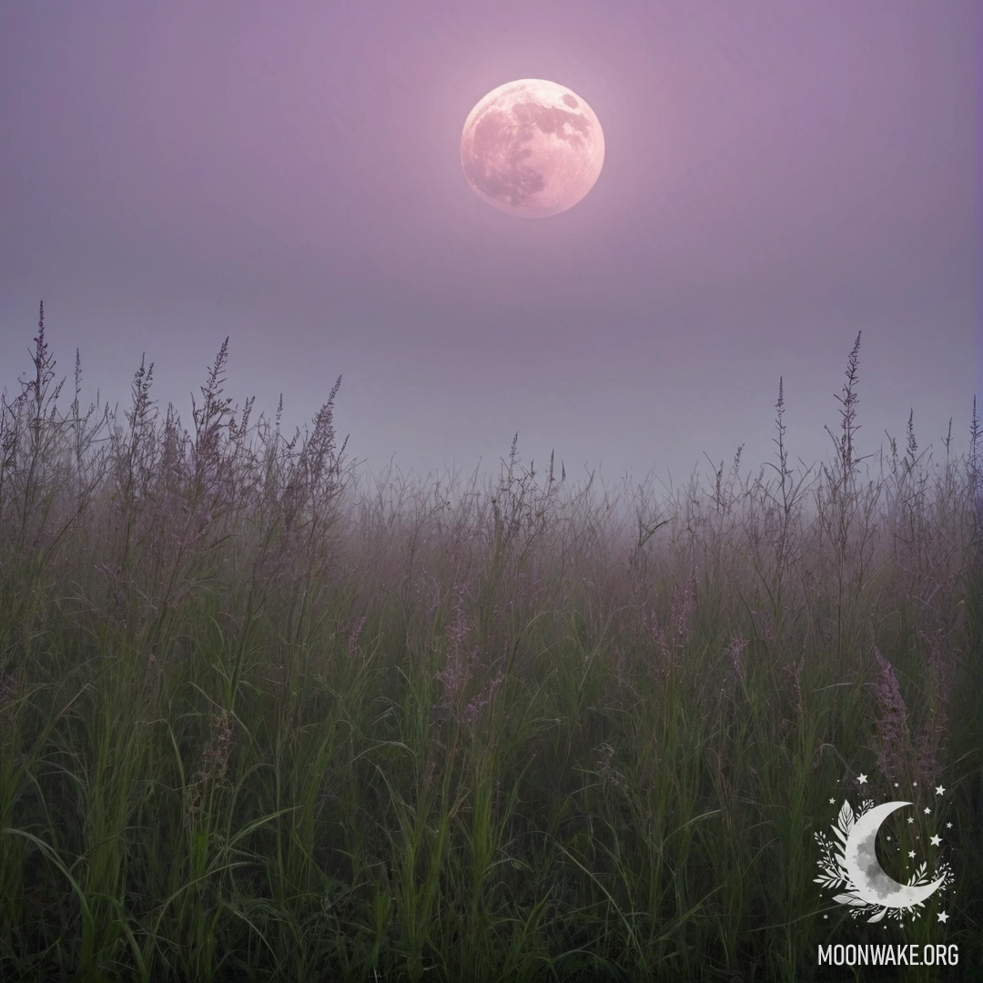 Close-up of grass in a romantic field with a pink violet sky and the moon.