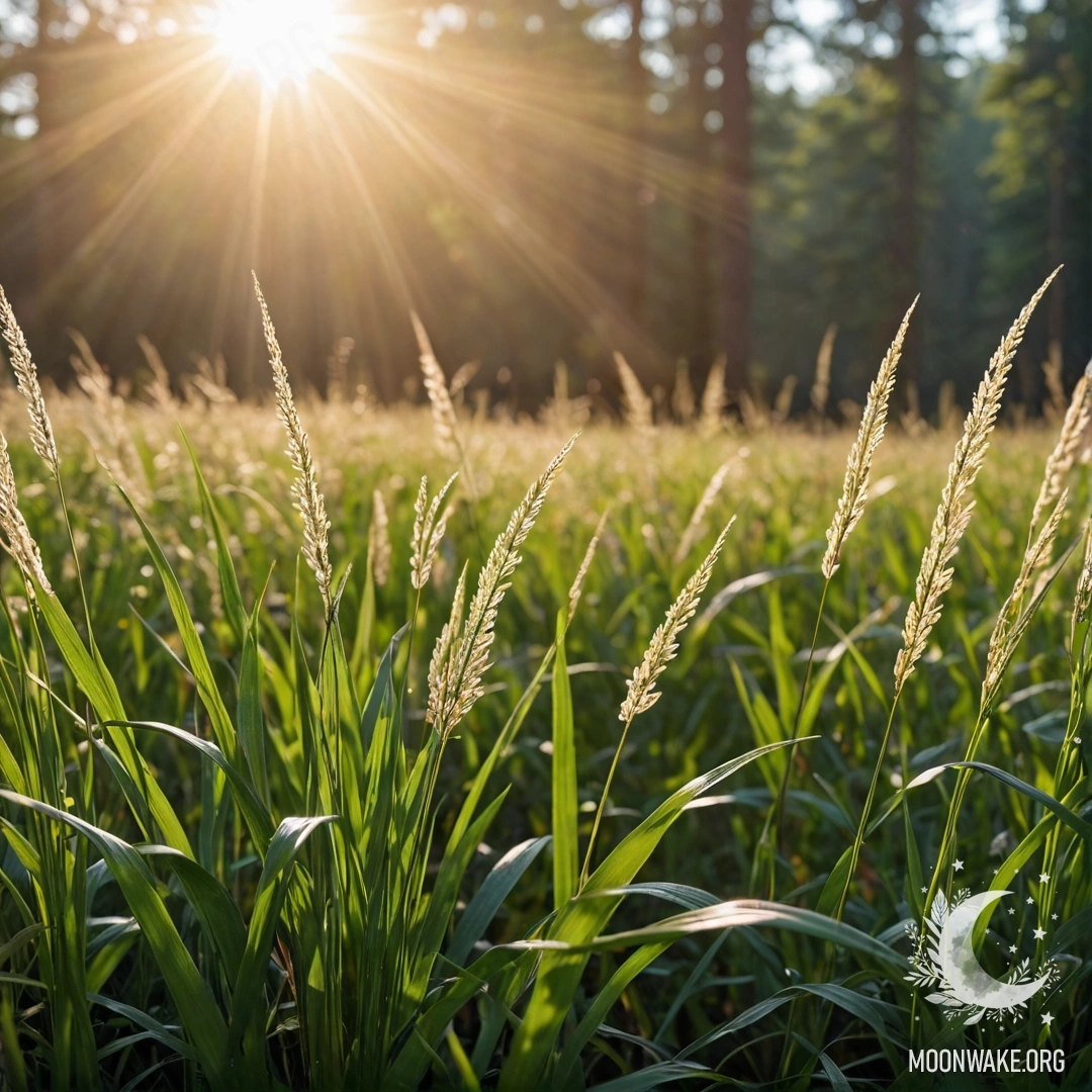 Close-up of grass in a romantic field with bokeh forest and sun rays.