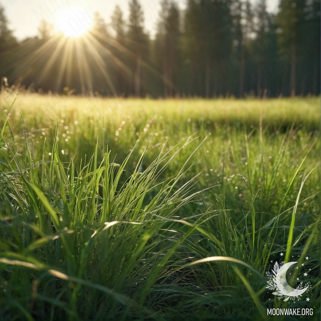 Close-up of grass in a field with dappled sunlight and bokeh forest.
