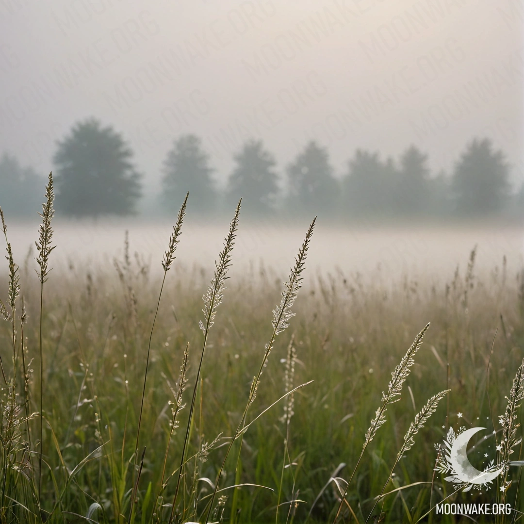 Close-up of grass in a misty field against a bokeh sky with clouds.