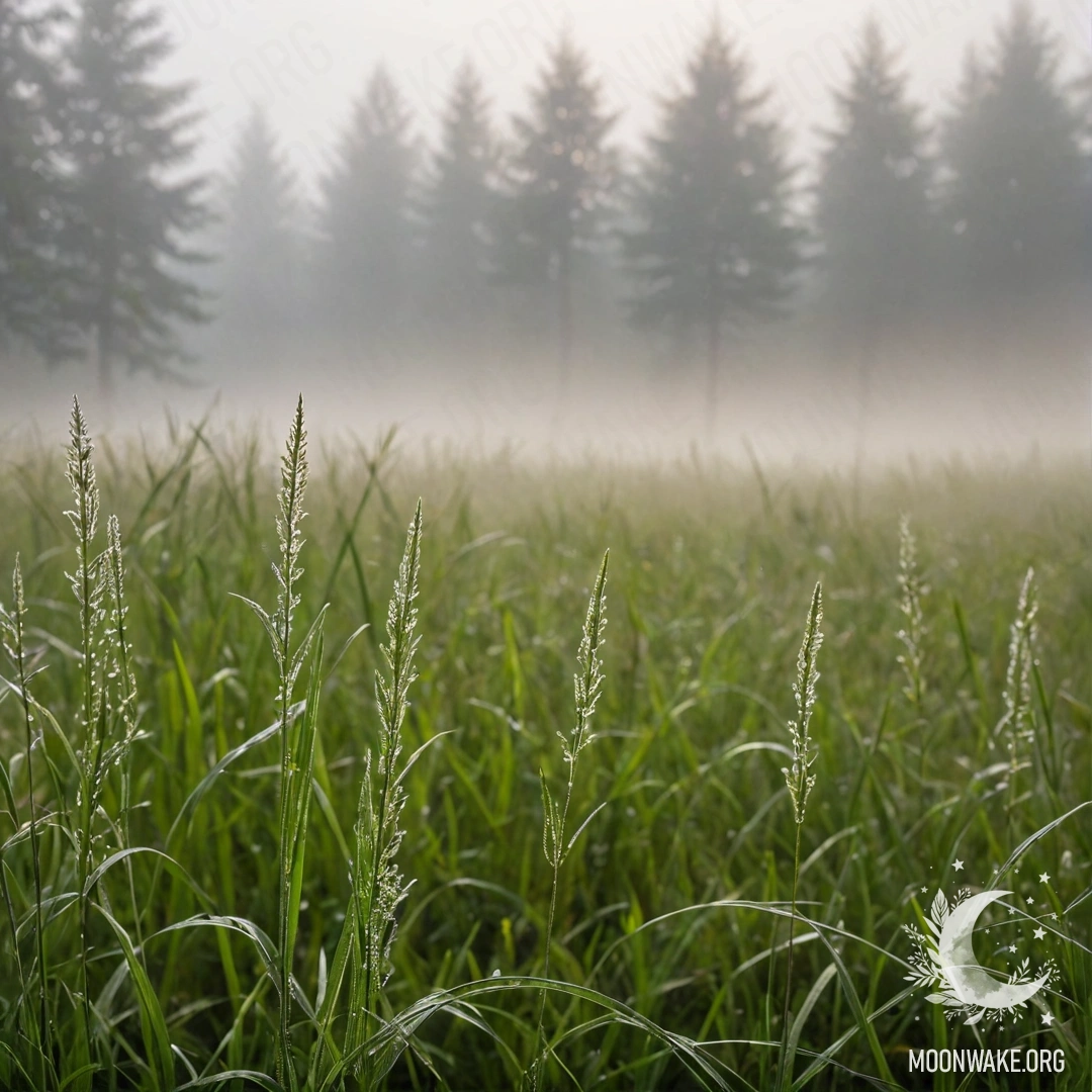 Close-up of grass in a misty forest with bokeh effects.