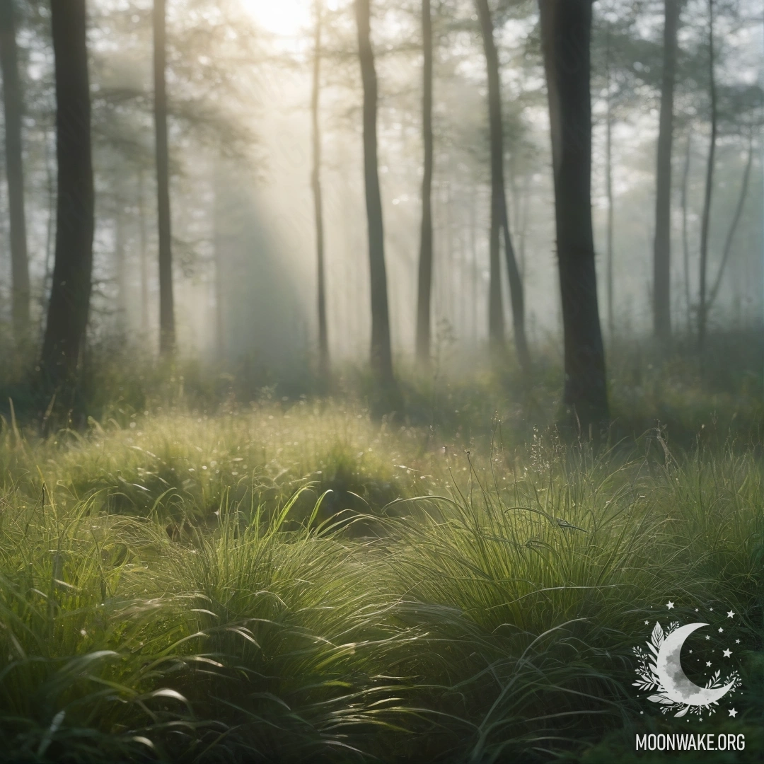 Romantic Sunlit Grass in Forest Close-up of grass in a field with bokeh background and sunlight filtering through trees.