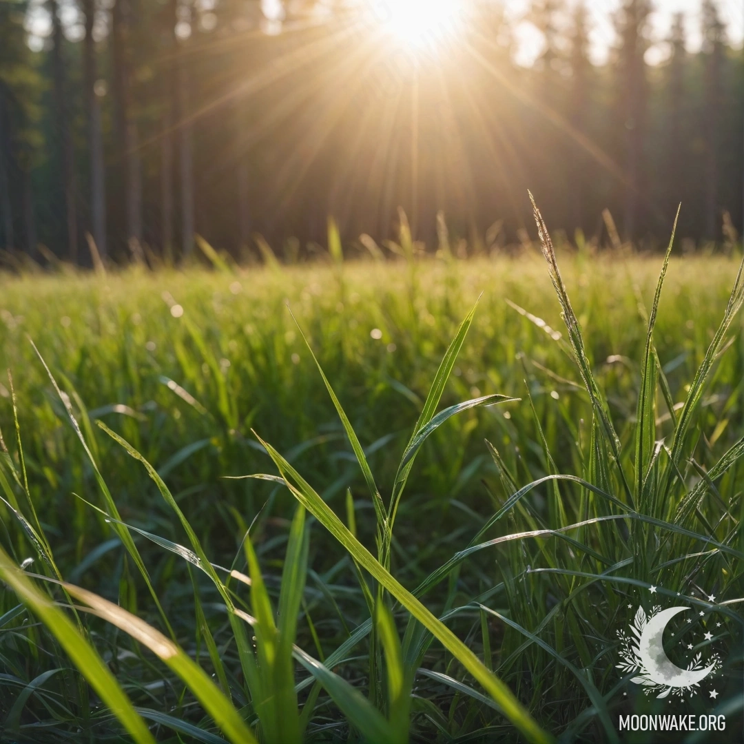 Close-up of delicate grass with soft bokeh in the forest, illuminated by sun rays.