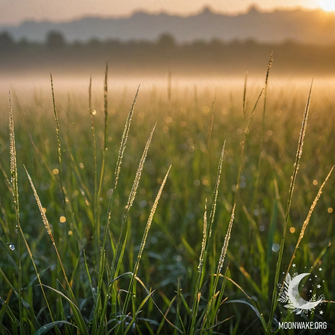 A close-up view of romantic grass with a blurred bokeh background of a foggy field during sunset, featuring raindrops.