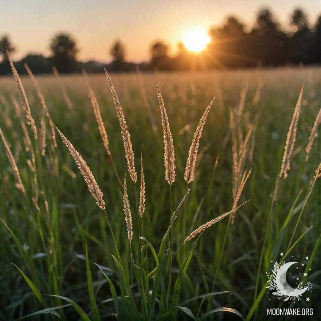 Close-up of grass in a romantic field illuminated by sunset bokeh.
