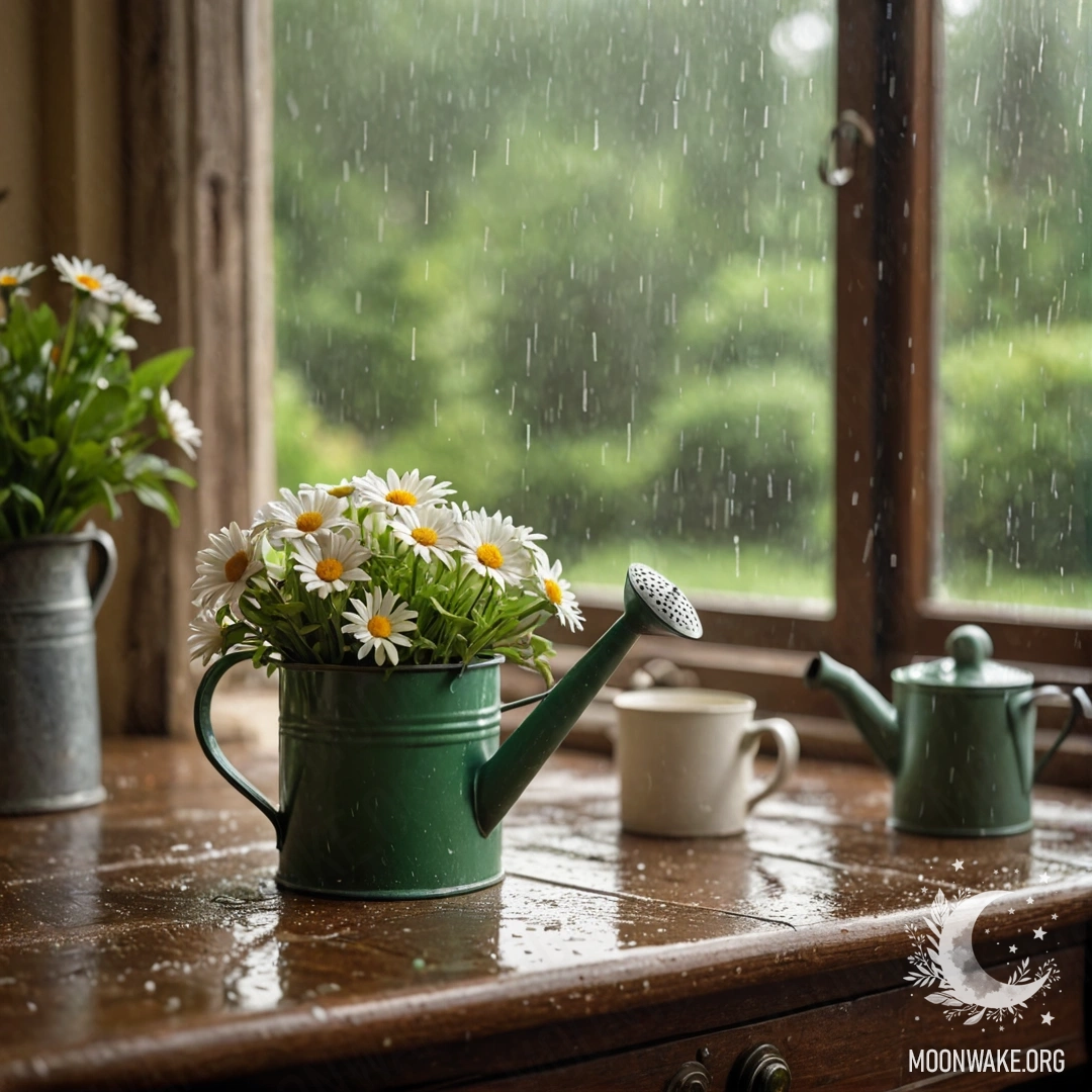 A vintage green watering can decorated with daisies, standing on a nightstand under the rain.
