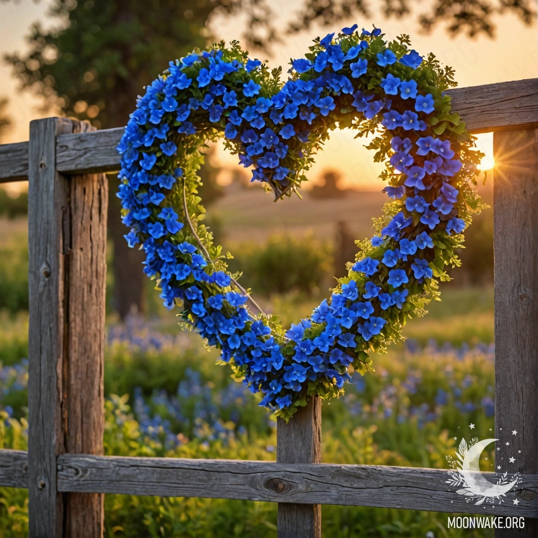Romantic Heart-Shaped Wreath on Wooden Fence at Sunset Close-up of an old wooden fence adorned with a heart-shaped blue flower wreath at sunset.